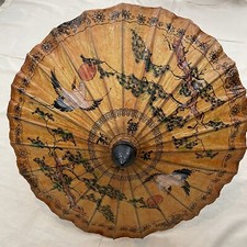 Hand Made Oriental Asian Floral Bird Vtg Folding Paper Bamboo Umbrella Parasol