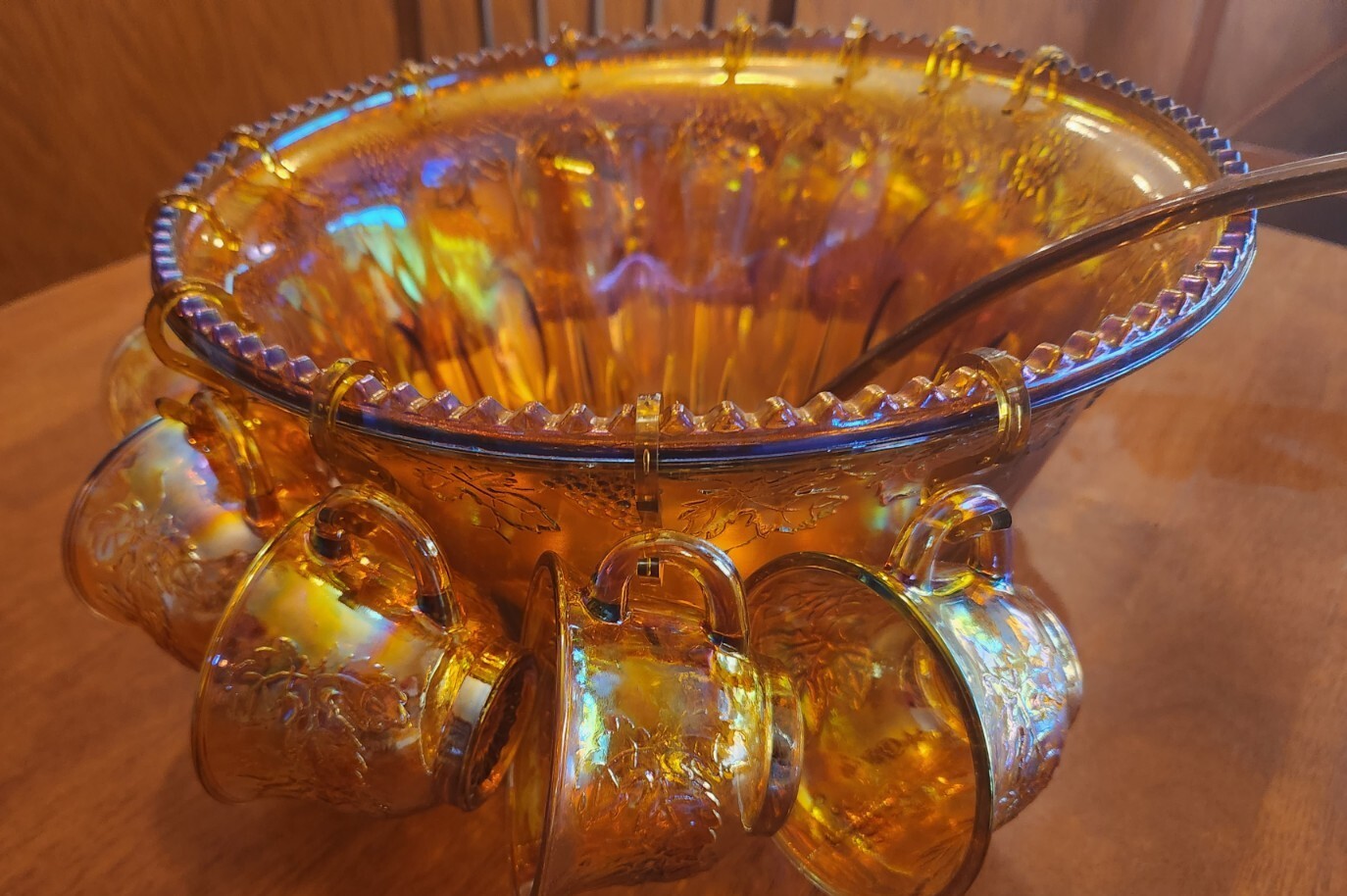 Vintage Carnival Punch Bowl & 12 Cups. Amber carnival glass