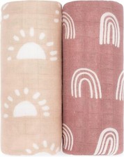 Comfy Cubs 2 Pack Muslin Swaddle Blankets Neutral of 2, Sun and Rainbow