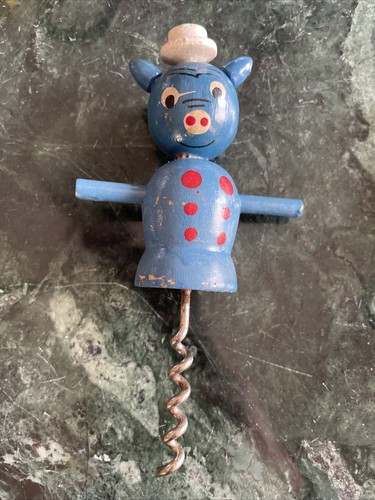 Vtg Bar Set 5 Man Woman Pig Rabbit Dog CORKSCREW BOTTLE OPENER STOPPER Folk Art - Picture 8 of 16