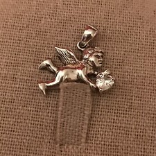 Small Silver Tone Angel Pendant Charm With CZ Heart 3/4" Flying Angel