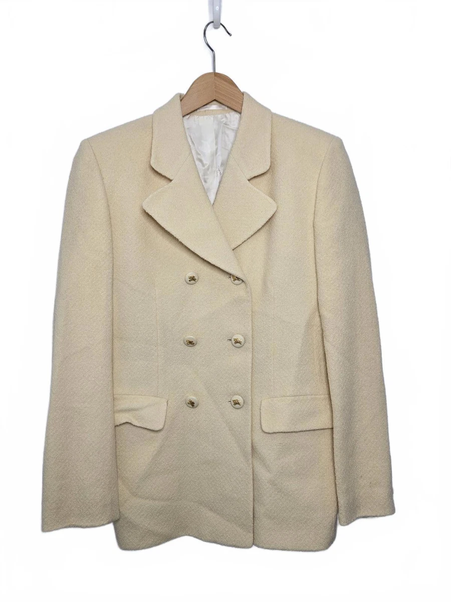 Blazer Burberry London Tweed Mujer 10 Doble Pecho Lana Crema Logo Chaqueta