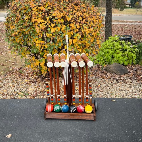 Vintage Croquet 6 Player Set with Rolling Cart and Stand