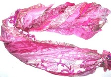 12 Yards Unstitched Recycled Pure Silk Sari Ribbon Yarn Tassels Pink Skeins