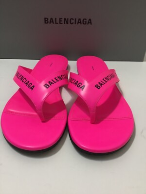 Balenciaga Pink Black Leather Logo Thong Slide Slip Sandal Flip