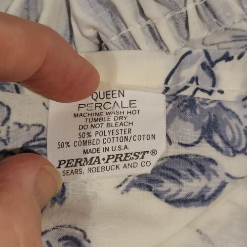 Juego de Sábanas Sears Percal Perma Prest AZUL BLANCO Floral REINA Vintage Bolsillo Corto - Imagen 7 de 7