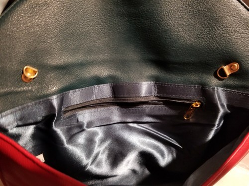 Pochette enveloppe cuir vintage, bloc couleur vert foncé/rouge rétro - Photo 4/4
