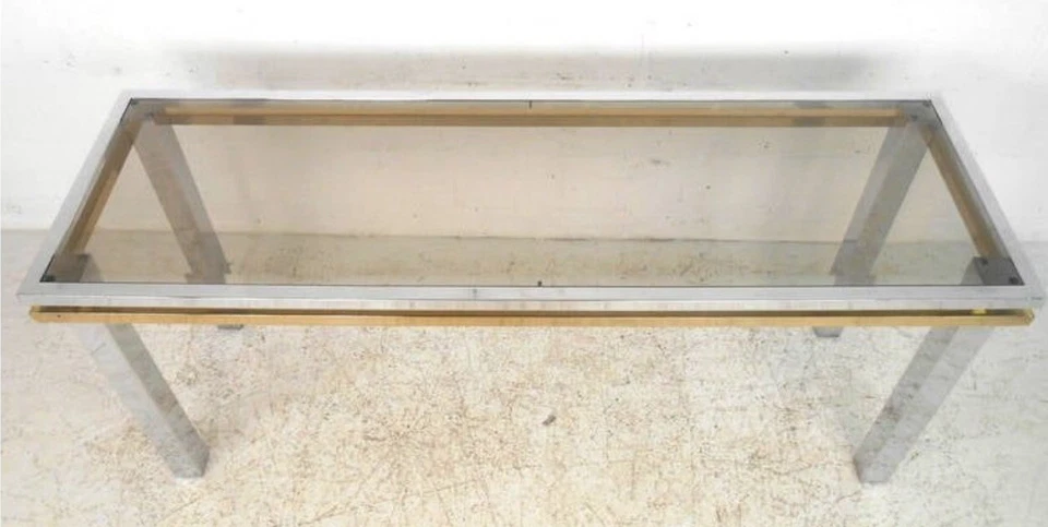 Mesa consola Milo Baughman años 70 cromada y latón y vidrio ~ Paul Evans Foto 4 de 4