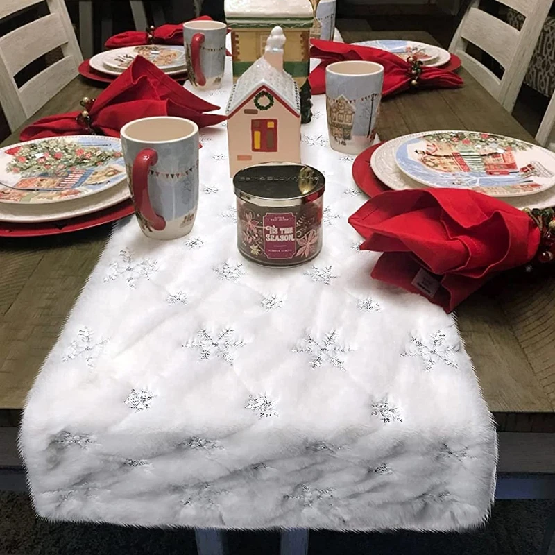 Faux Fur Table Runner with Snowflakes Snowy Rug Table Cover Christmas Cute Decor - Image 2 of 4