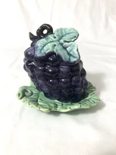 Vintage Japan Grape Jam Jar Bowl w/Lid Sugar w/Cabbage Leaf Plate Attached Farm