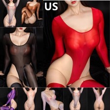 Women's Long Sleeve Mesh Shapewear Bodysuits Control Sheer High Cut Leotards