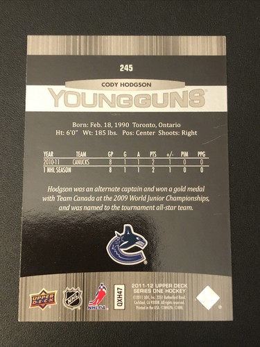 2011-12 Upper Deck Cody Hodgson Young Gun Rookie #245 - Picture 2 of 2