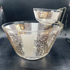 3 Pc Chip And Dip Set Federal Glass Capri Gold Paisley White Stripes Design MCM