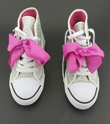 Girls Size Jojo Siwa High Top Silver Glitter Pink Bow Sneakers Shoes  EUC