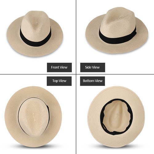 Women Wide Brim Straw Panama Hat Fedora Summer Beach Sun Hat UPF30+ - Picture 4 of 13