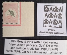 1920 Australia 10/- Grey&Pink Kangaroo stamp SMWMK-Short Spencer's Gulf MUH$4650