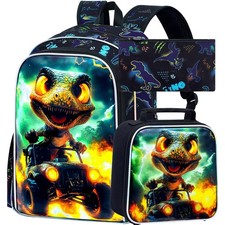 16" Dinosaur Backpack, Boys Kids Bookbag with Lunch Box, 3Pcs Dino Truck Scho...