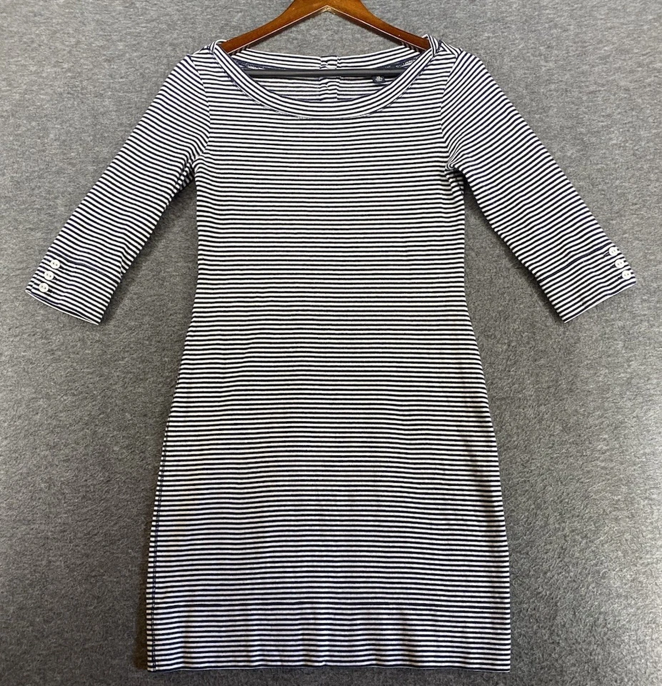 Banana Republic Dress XS Navy Blue White Stripe 3/4 Sleeve Boat Neck Preppy - Image 3 of 4