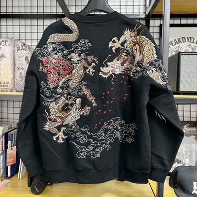 Mens Japanese Style Sweatshirt Pullover Dragon Embroidery Tattoo Pattern Jumper