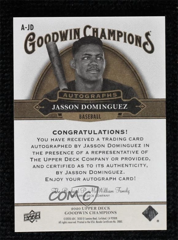 2020 Upper Deck Goodwin Champions Auto Jasson Dominguez #A-JD Auto - Image 2 of 2
