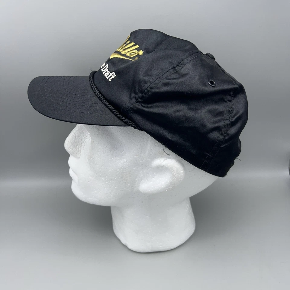 ВИНТАЖНЫЙ Miller подлинный проект шляпа мужской черный крышка Snap назад веревки пива промо 90-х - Изображение 4 из 4