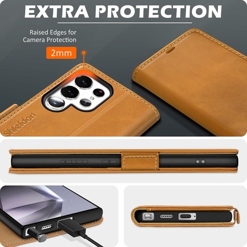 SHIELDON Wallet Case for Galaxy S24 Ultra 5G 6.8", Leather Magnetic RFID - Brown - Photo 7 sur 10