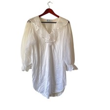 Vintage Victorian style White Sheer Mesh Ruffle V-Neck Nightgown Lantern Sleeve
