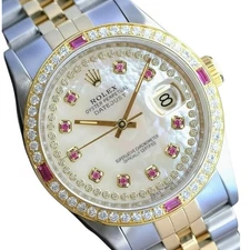 Rolex Datejust Mens Two-Tone 18KY Steel White Mother of Pearl Ruby Watch 1.40cts