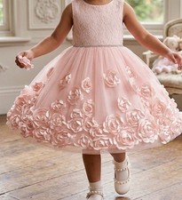 Girls Pink Sleeveless Floral Ball Gown Knee Length Party Dress Tulle Layered