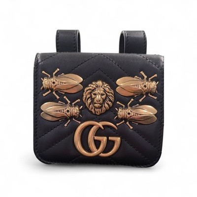 Gucci GG Marmont Leather Belt Bag Small Purse Gold Lion Bee black Fast Ship