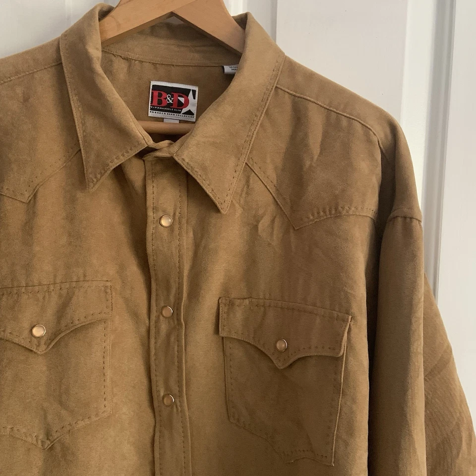 Camisa Occidental de Gamuza Sintética para Hombres XXL B&D Brooks & Dunn Mango Delgada Marrón Tostado Foto 3 de 4