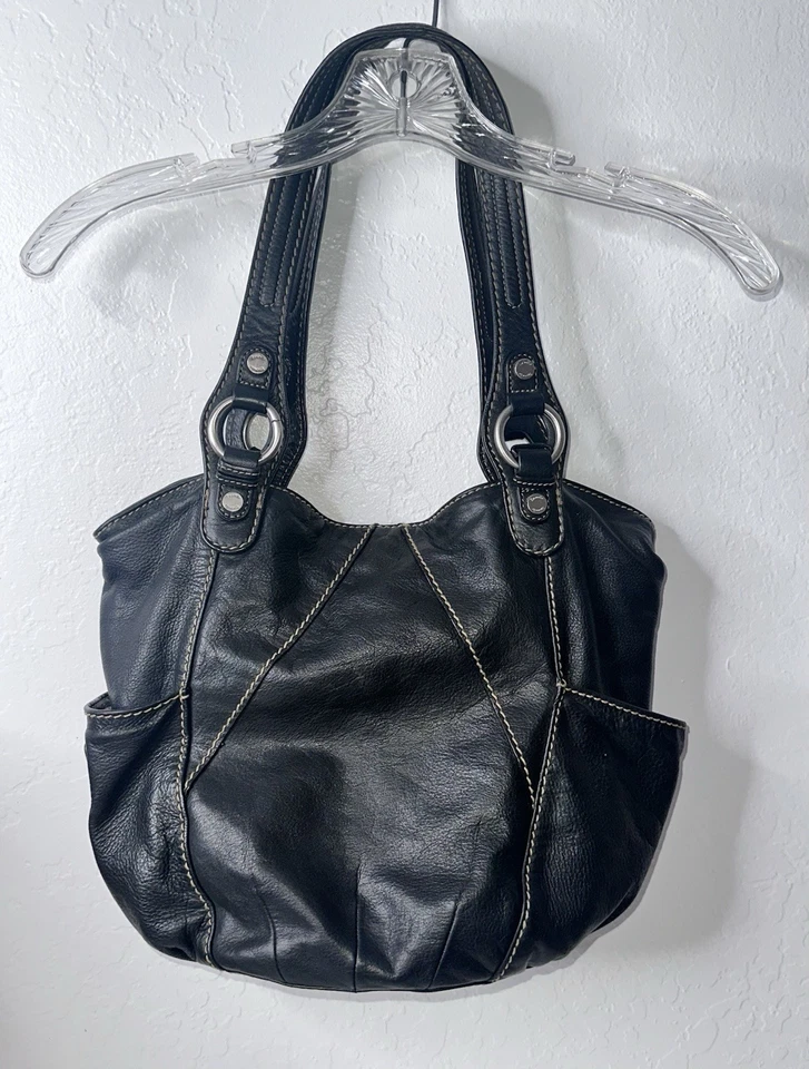 Tignanello Leather Tote Bag Women’s Black Shoulder Hobo Slouch Stitch Medium