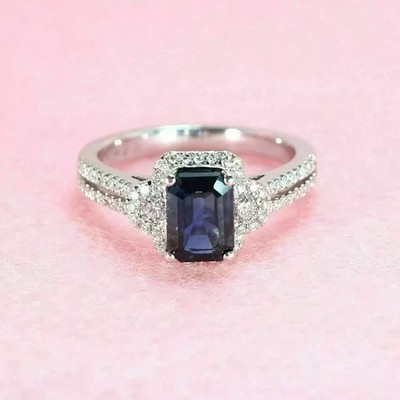 2Ct Emerald Cut Lab Created Blue Sapphire Engagement Ring 14k White Gold Plated