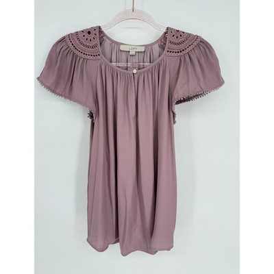LOFT Womens Top XS Purple Crochet Trim Flutter Sleeve Blouse Casual