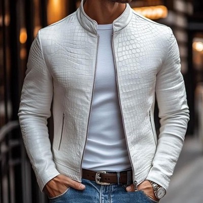 Men's Premium Stylish Leather Jacket White Unique Stone Pattern Design Size XXL