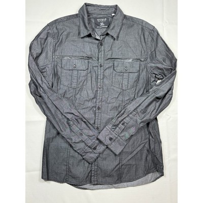 Y2K Guess Los Angeles Slim Fit Button Down Shirt Faux Leather Detail Sz Medium