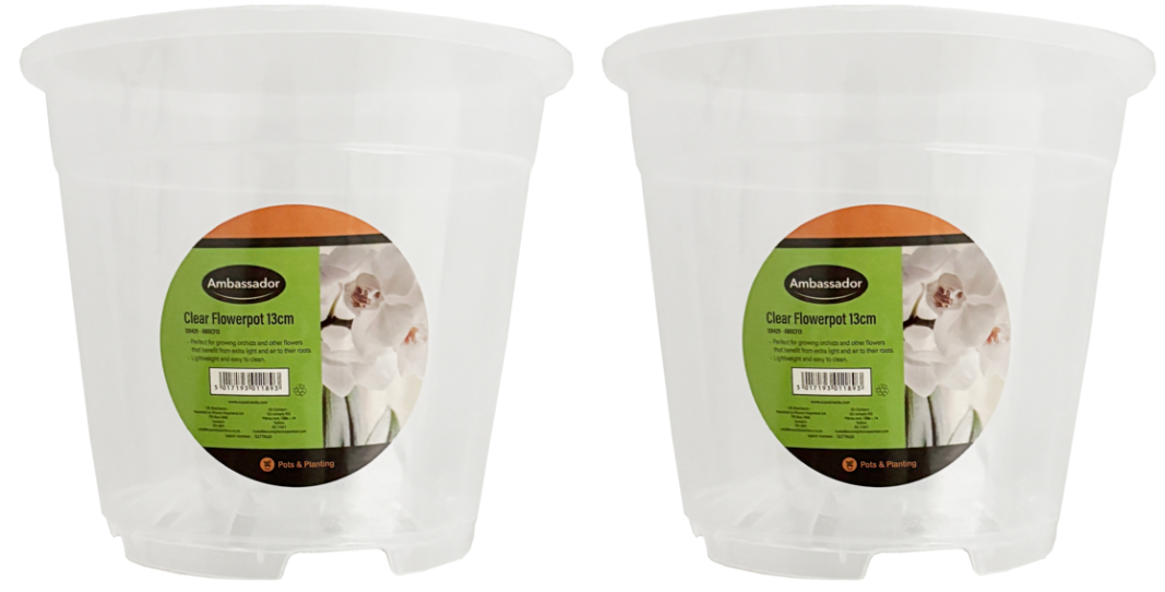 2x Ambassador Garden Clear Plastic Flower Orchid Plant Pot Planter Growing- 13cm