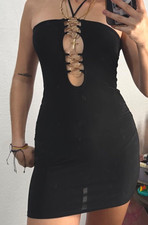 PrettyLittleThing Black Halter Lace-Up Front Stretch Bodycon Mini Dress US 2