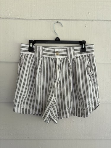 Madewell Striped Linen Blend Shorts Medium Green Gray White Coastal Casual