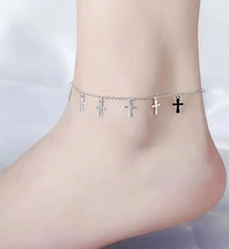 NEW WOMEN'S ADJUSTABLE SILVER-PLATED CHAIN LINK SILVER-TONE CROSS ANKLE BRACELET