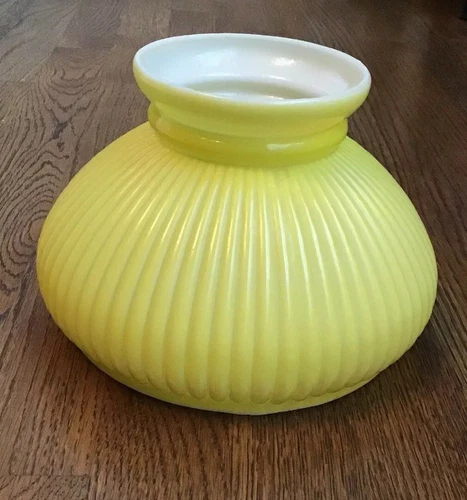Vintage Ribbed Student Lamp Shade Yellow White Milk Glass Dome vtg
