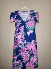 Lilly Pulitzer Women's XXS Navy Aleece Dress Ruffle Your Feathers Flamingos NWOT