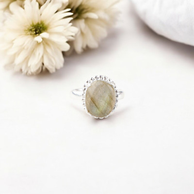Natural Labradorite Gemstone 925 Stamed Silver Handcrafted Jewelry Ring For Her