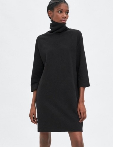 Zara Womens Black Turtleneck Mini Dress Cotton Knit Shift Elbow Sleeve Sz  Small | eBay