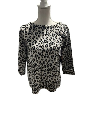 Tahari Leopard Animal Print Rolled Sleeves Stretchy Pullover Sweater Size Small