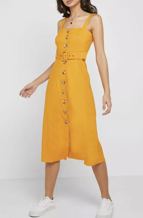 Forever 21 mustard Yellow Linen Midi Dress Button Up Tank Xs | eBay