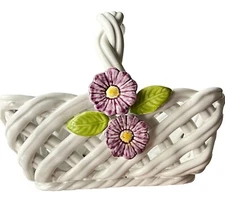 White Porcelain Basket Pink Flowers Unknown Maker Small Chip