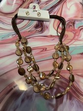Three strand Gold And Brown tone With Beads Necklace. Set Earrings Included.