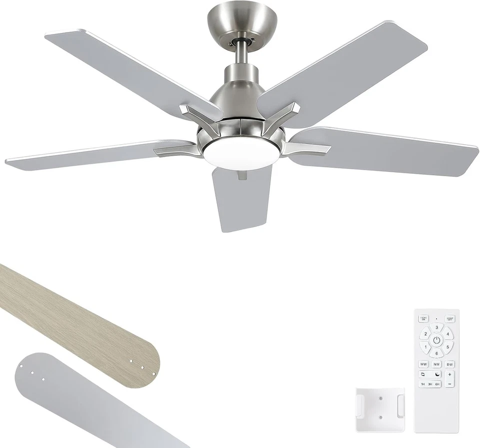 42 Inch Ceiling Fans with Lights, Brushed Nickel Ceiling Fan with Remote, Modern - Image 3 of 4