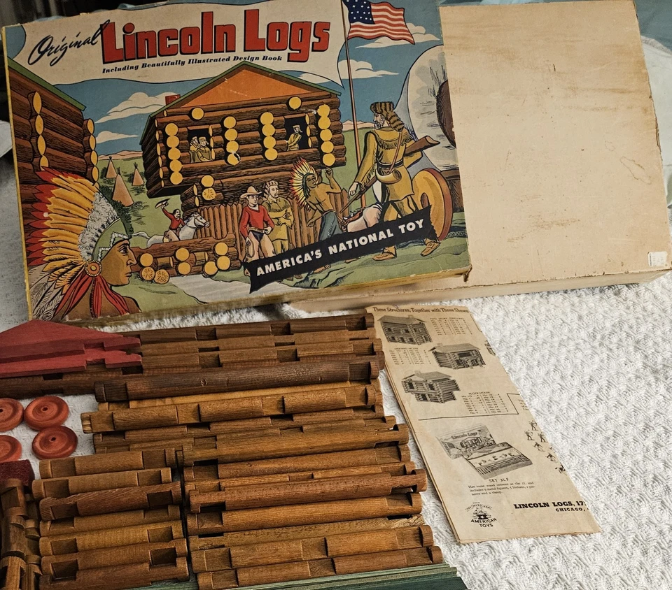 Vtg 1940's Org Lincoln Logs Set 3 L By J L Wright w/Instructions Box & Price Tag - Image 2 of 4